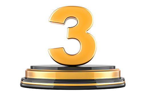 Golden 3 three on the podium, award concept. 3D rendering isolated on white background