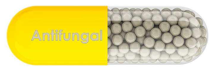 Antifungal Drug, medicine capsule with antifungal. 3D rendering isolated on white background