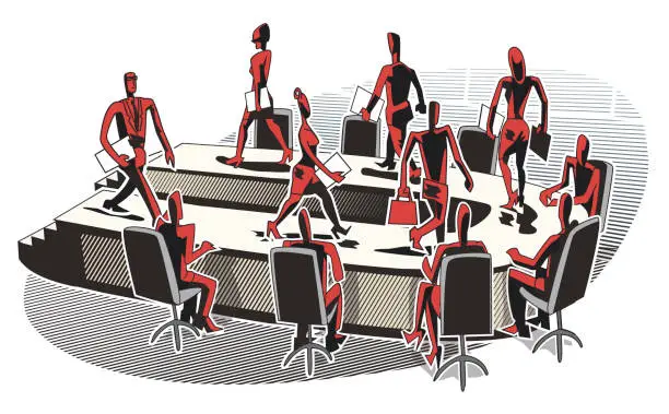 Vector illustration of Employees walk using the meeting table as a podium