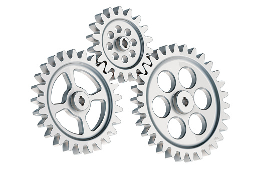 Steel cogs and gear wheel mechanisms, 3D rendering isolated on white background