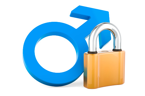 Male gender symbol with padlock. 3D rendering isolated on white background
