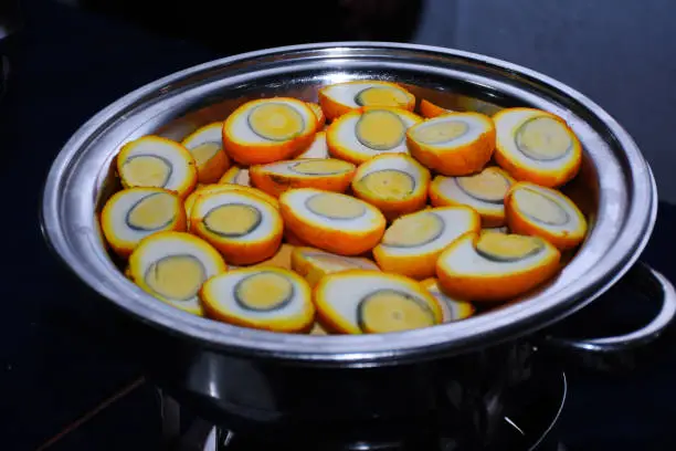 Hard-boiled chicken eggs cut into halves for food in Buffet