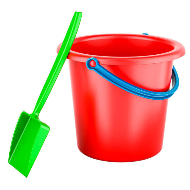 Beach toys, plastic bucket and spade. 3D rendering isolated on white background