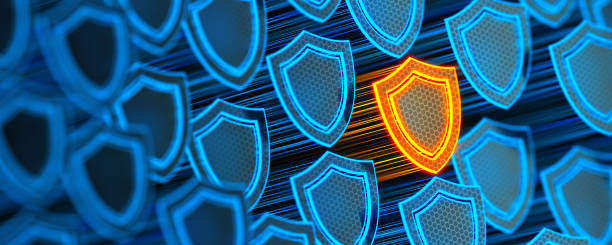 istock Futuristic digital background with unique glowing yellow shield. Protection against hacker attacks and data breach. Safe your data. Internet security and privacy concept. 3d illustration 1847121853