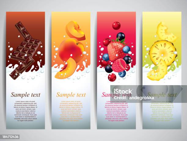 Fruits In Milk Splashes Vector Banners Stock Illustration - Download Image Now - Chocolate, Splashing, Packaging