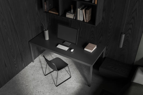 istock Top view black home bedroom interior with workplace, table with pc desktop 1847130026