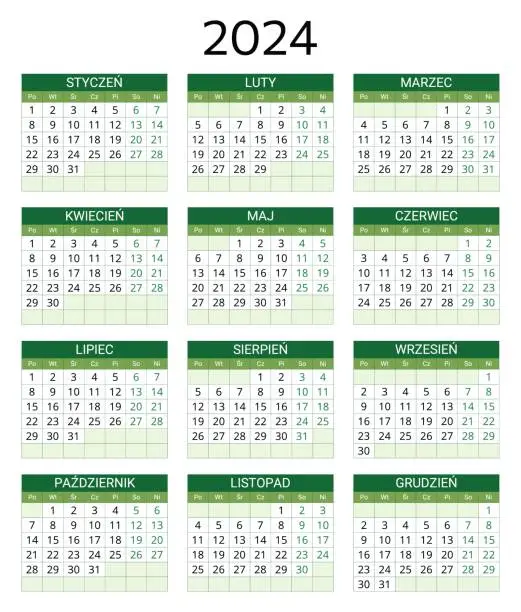 Vector illustration of 2024 polish calendar. Printable, editable vector illustration for Poland. 12 months year kalendarz