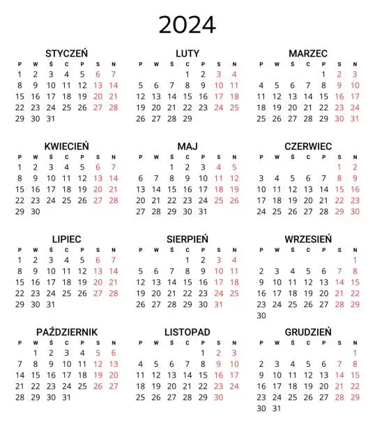 Vector illustration of 2024 polish calendar. Printable, editable vector illustration for Poland. 12 months year kalendarz