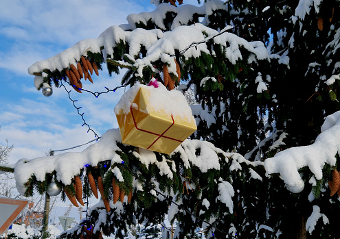 colorful gift boxes in bright colors are hung on a spruce tree covered with large layers of snow. Christmas decorations on the town square. cheap and effective decoration solution, eskimo