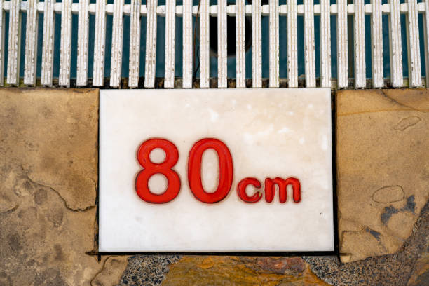 istock 80 cm deeply sign at swimming pool side. 1847149234