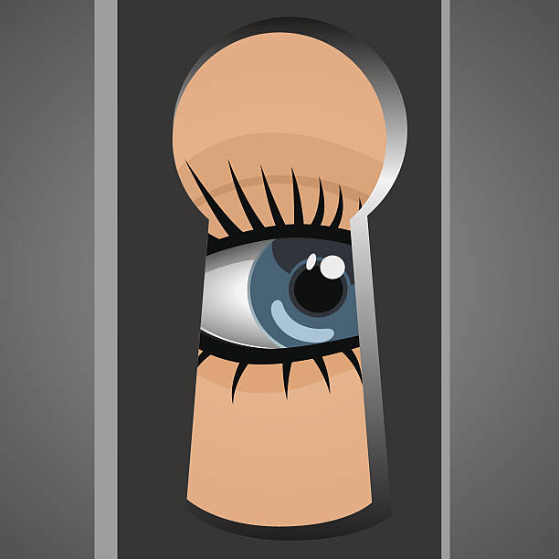 ilustrações, clipart, desenhos animados e ícones de mulher é através de um buraco de fechadura - keyhole peeking human eye curiosity