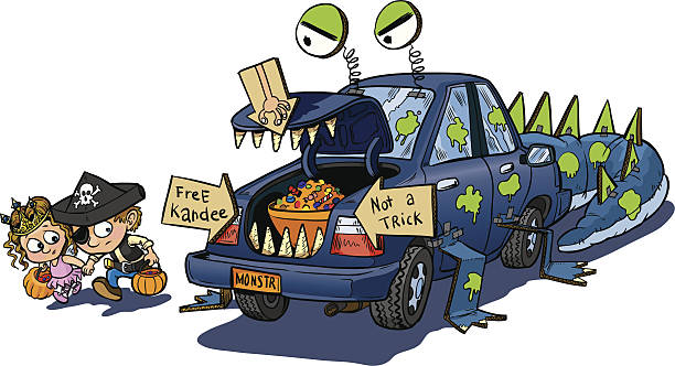 Two Kids Trunk or Treat on Halloween Clip Art A vector clip art cartoon of two kids warily approching a car decorated for a trunk or treat event on Halloween. The car is decorated to look like a monster that eats unwary children. pirate costume kids stock illustrations