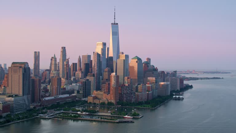 AERIAL Above Hudson River towards the Financial District, NYC