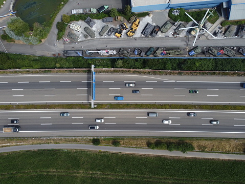 Bird's eye aerial view of Autobahn 6 by a military exhibition in Sinsheim, Germany