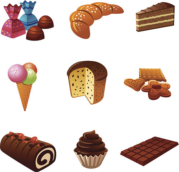 illustrazioni stock, clip art, cartoni animati e icone di tendenza di icona set di torte e dolci - panettone