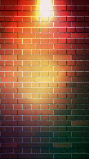 The red brick wall vertical format background template has a bright lamp light in the center. Vector illustration EPS10.