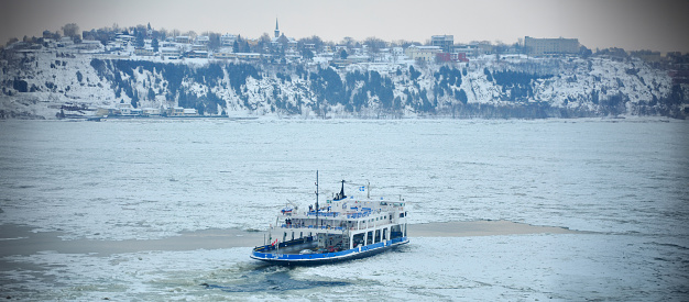 Panoramic view of the ferry connecting Quebec and Lévis in winter