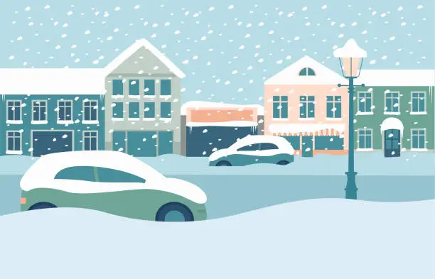 Vector illustration of City buildings covered with snow after heavy blizzard.  Parked cars on the street in snowdrifts during snowfall