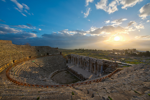 Amphitheater in ancient city of a Hierapolis. Unesco Cultural Heritage Monument. Pamukkale, Turkey.