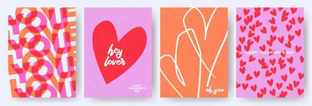 Vector illustration of Creative concept of Happy Valentines Day cards set. Modern abstract art design with hearts and modern typography. Templates for celebration, ads, branding, banner, cover, label, poster, sales