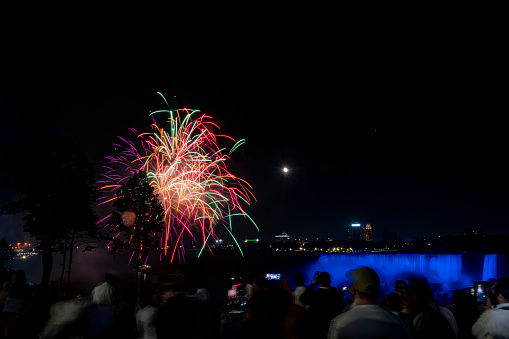 Niagara falls at night with people watching the nightly fireworks with the American falls in the background.