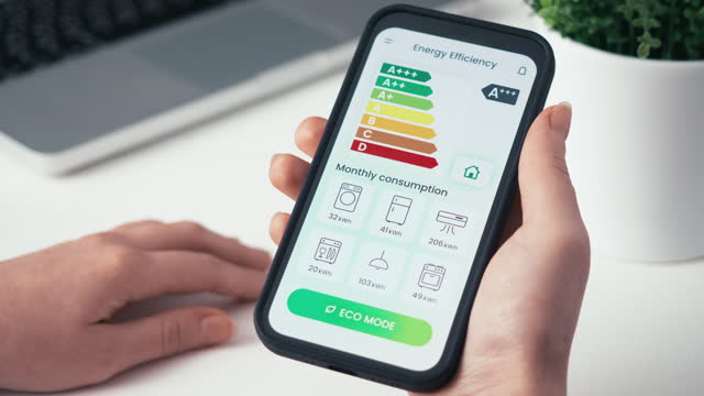 Turning on ECO mode using the energy efficiency rating app. Increasing savings by decreasing energy consumption of house appliances and making a green and eco-friendly smart home.