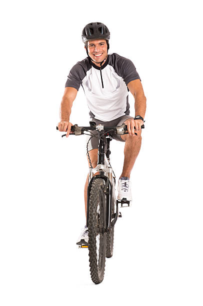 Young Male Cyclist On Bicycle Portrait Of Young Male Cyclist On Bicycle Isolated Over White Background. cycling vest photos stock pictures, royalty-free photos & images