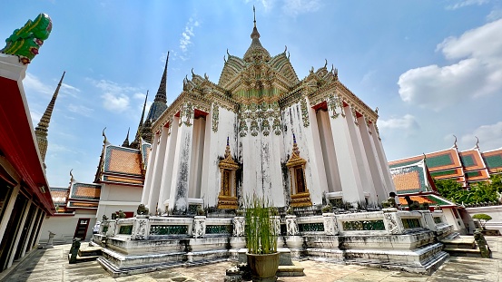 May 27 2023, Bangkok, Thailand : Phra Mondop is a Chaturamuk architecture with a crown-shaped spire at Wat Pho temple.
