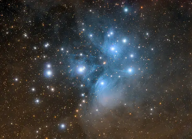 Pleiades open star cluster with nebula (Messier 45) in constellation of Taurus photographed with high quality amateur telescope. Thousands of stars can be resolved in this image. It can be easy flipped, rotated and still maintein visual quality.