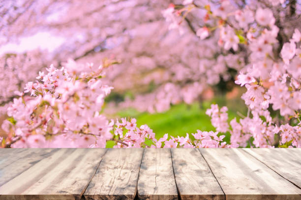 istock wooden table with pink flowers background 1847239542