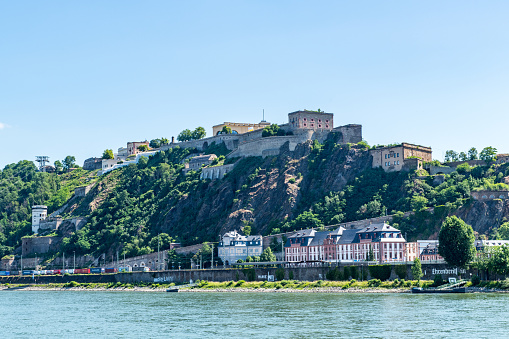 Ehrenbreitstein Fortress and monumental buildings on the East bank of the river Rhine in Koblenz in Germany.