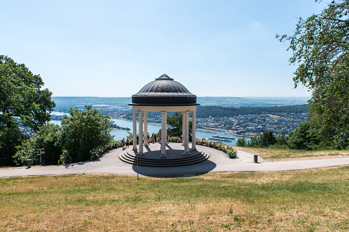 Pavilion and viewpoint in the public park next to the Niederwald monument from 1883 on top of a hill near Rüdesheim am Rhein. The monument itself is almost 40 meters in height and was built in remembrance of the German unity after the French-German war of 1870-1871.
