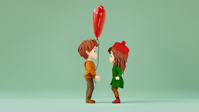 Cartoon boy holding red balloon and going to meet girl. Valentines day concept.