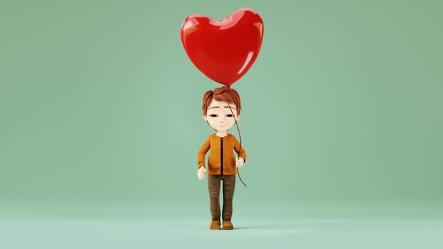 Seamless looping animation of cartoon boy holding red balloon and going to meet. Valentines day concept.