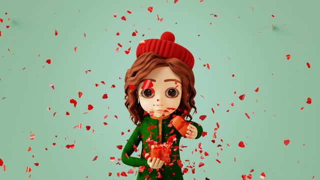 Seamless looping animation of cartoon girl opening gift box. Valentines day concept