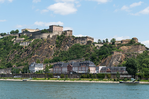 Ehrenbreitstein Fortress and monumental buildings on the East bank of the river Rhine in Koblenz in Germany.