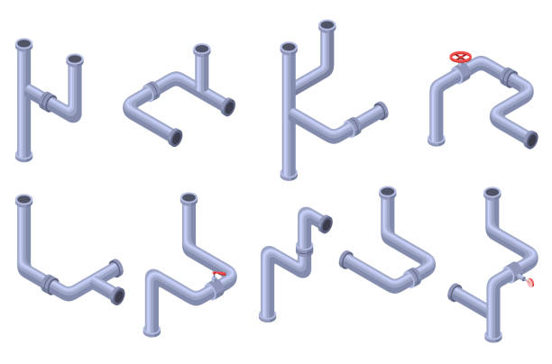 Pipes isometric set. Pipe tube for water. Plumbing construction pipeline with serviceable element. 3d industrial water system Pipes isometric set. Pipe tube for water. Plumbing construction pipeline with serviceable element. 3d industrial water system. pvc flange stock illustrations