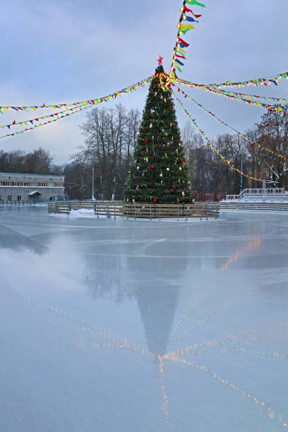 istock Christmas tree stands on a skating rink on a cloudy day. 1847249627
