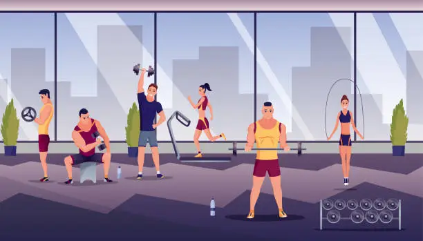 Vector illustration of People at sport gym. Man and woman on training apparatus, exercise bike and treadmill. Fitness workout and indoor sport room flat vector concept. Male characters with barbells and kettlebells