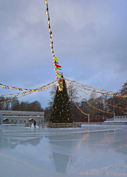 istock Christmas tree stands on a skating rink on a cloudy day. 1847250184