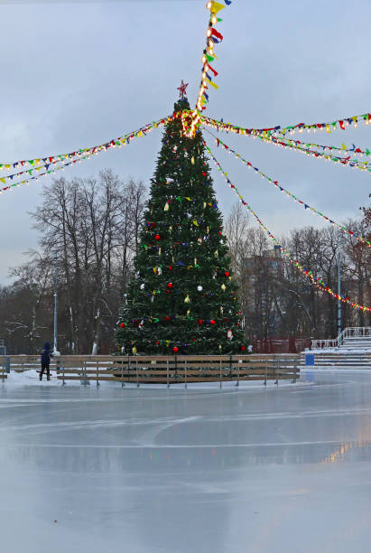 istock Christmas tree stands on a skating rink on a cloudy day. 1847250189