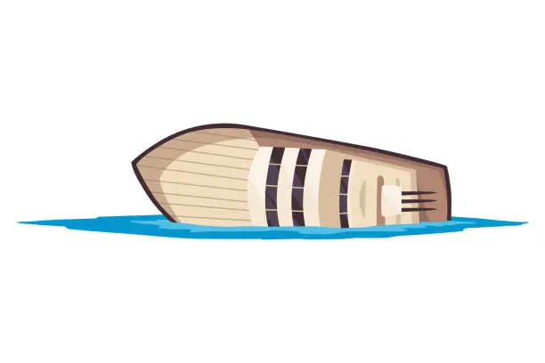 Vector illustration of Damaged ship. Crash or accident in sea. Marine catastrophe. Cargo ship sinking in flat design. Vessel failure, rescue problem nautical transportation