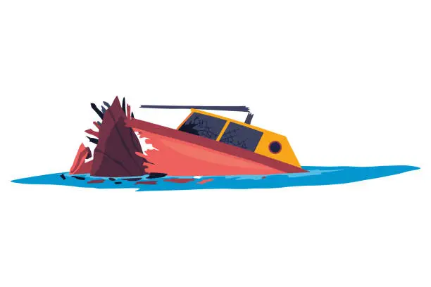 Vector illustration of Damaged ship. Crash or accident in sea. Marine catastrophe. Cargo ship sinking in flat design. Vessel failure, rescue problem nautical transportation