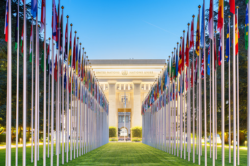 Geneva, Switzerland - October 2, 2023: The United Nations Office at Geneva with the flags of the member countries.