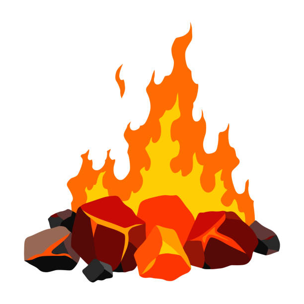 kohle verbrennen. realistisches helles flammenfeuer auf kohlehaufen. nahaufnahme vektorillustration für grillflammenkamin, heißes kohle- oder glühendes kohlebild - campfire coal burning flame stock-grafiken, -clipart, -cartoons und -symbole