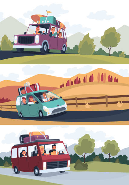 People traveling by car set. Happy family in road trip. Hitchhiking and traveling concept for banner, website design or landing web page. People in auto adventure on nature background People traveling by car set. Happy family in road trip. Hitchhiking and traveling concept for banner, website design or landing web page. People in auto adventure on nature background. family-van-driving stock illustrations
