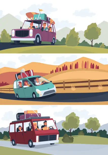 Vector illustration of People traveling by car set. Happy family in road trip. Hitchhiking and traveling concept for banner, website design or landing web page. People in auto adventure on nature background
