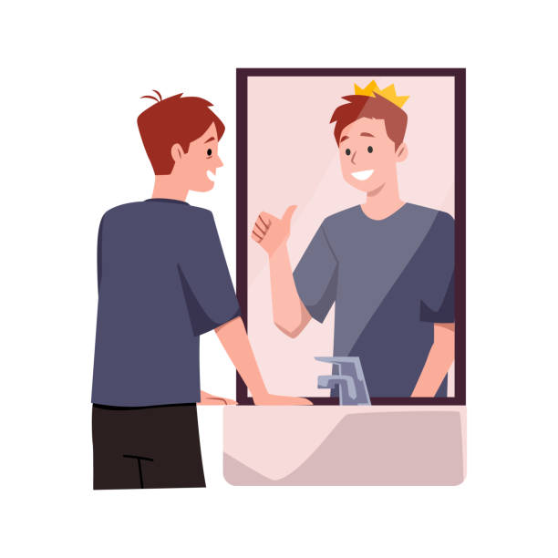 ilustrações de stock, clip art, desenhos animados e ícones de young man looking in the mirror, in the reflection he is best guy with crown shows thumb sign believe in yourself vector - mirror reflection men individuality