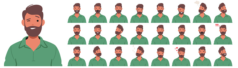 Man Facial Emotions Set. Male Character Radiates Joy Through the Smile, Furrow Brows, Angry, Fall in Love , Shocked And A Serene Expression Reflects Inner Peace. Cartoon People Vector Illustration