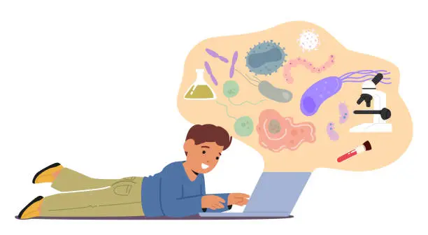 Vector illustration of Curious Child Engrossed In Online Biology Lessons. Boy Character Exploring The Fascinating World Of Science On A Laptop